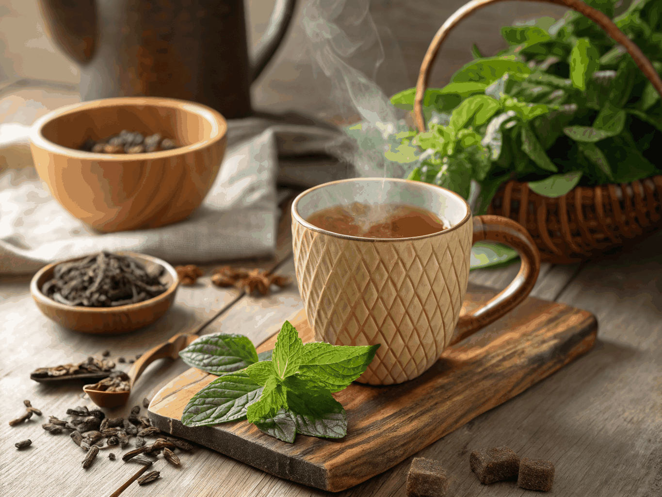 Herbal tea served in a rustic ceramic mug